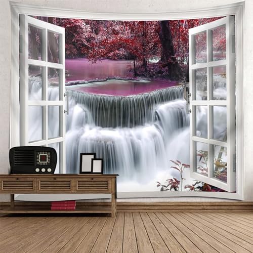 Epinki Tapisserie Fenster Wasserfall Baum, Natur Landschaft Wandteppich Wandtuch Weiß Lila aus Polyester, Tapestry für Wohnzimmer Dekor, Schlafzimmer, 200x200cm von Epinki