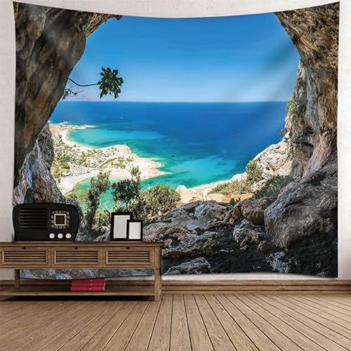 Epinki Tapisserie Grau Blau Grün, Landschaft Natur Wandteppich Höhle Meeresufer Wandtuch aus Polyester, Hausdekor für Wohnzimmer, Wohndekor, 350x256cm von Epinki