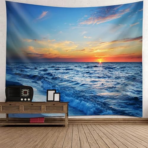 Epinki Tapisserie Meeresufer Sonnenuntergang, Natur Landschaft Wandteppich Wandtuch Blau Orange aus Polyester, Tapestry für Tischdecke Wohnzimmer Decor, 300x256cm von Epinki