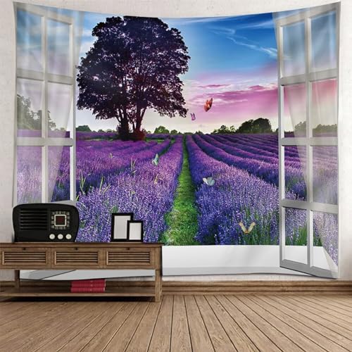 Epinki Tapisserie Wandbehang 260x240cm, Landschaft Natur Wandteppich Fenster Lavendel Wandtuch Weiß Lila aus Polyester, Accessoires für Tischdecke Wohnzimmer Decor von Epinki