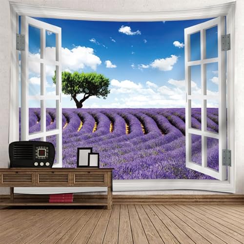 Epinki Tapisserie Wandbehang 260x240cm, Natur Landschaft Wandteppich Fenster Lavendel Baum Wandteppiche Lila Blau Grün aus Polyester, Wand Deokration für Wohnzimmer, Wohndekor von Epinki