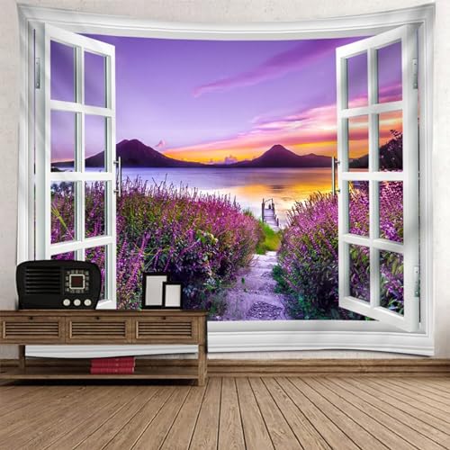 Epinki Tapisserie Wandbehang 260x240cm, Natur Landschaft Wandteppich Fenster Lavendel Wandtuch Weiß Lila aus Polyester, Wand Deokration für die Wand in Wohnzimmerdekoration von Epinki