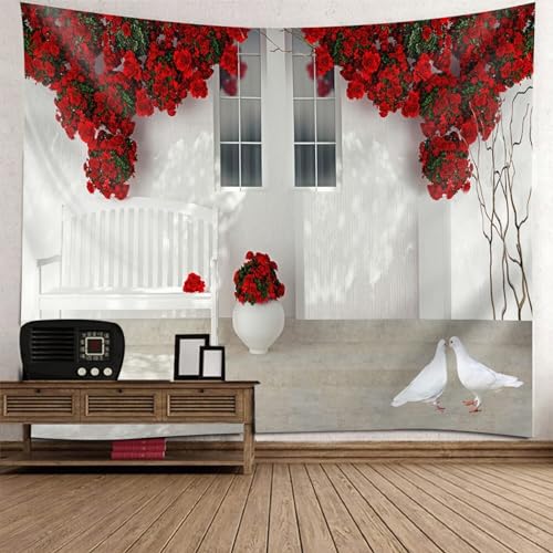 Epinki Tapisserie Wandbehang Blumen, Landschaft Natur Wandteppich Tapisserie Rot Weiß aus Polyester, Tuch mit Art Nature Home Dekorationen, 300x256cm von Epinki