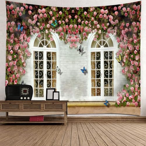 Epinki Tapisserie Wandbehang Blumen Fenster, Natur Landschaft Wandteppich Wandtuch Rose Grün Weiß aus Polyester, Wanddekoration für die Wand in Wohnzimmerdekoration, 300x256cm von Epinki