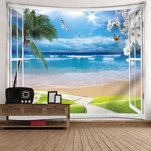 Epinki Tapisserie Wandbehang Fenster Strand Meer, Natur Landschaft Wandteppich Wandtuch Weiß Blau Grün aus Polyester, Wandbehänge für Wohnzimmer, Wohndekor, 300x256cm von Epinki