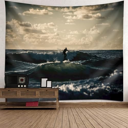 Epinki Tapisserie Wandbehang Grau Beige, Landschaft Natur Wandteppich Ozean Meereswelle Surfer Wandtuch aus Polyester, Tapestry für Wohnzimmer, Wohndekor, 240x220cm von Epinki