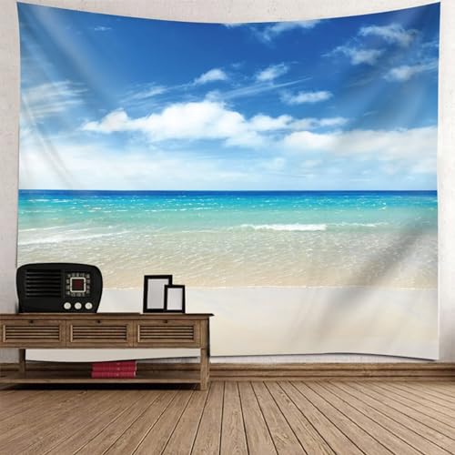 Epinki Tapisserie Wandbehang Meer Strand Himmel, Natur Landschaft Wandteppich Wandteppiche Blau Grün Beige aus Polyester, Tuch für Schlafzimmer, 200x200cm von Epinki