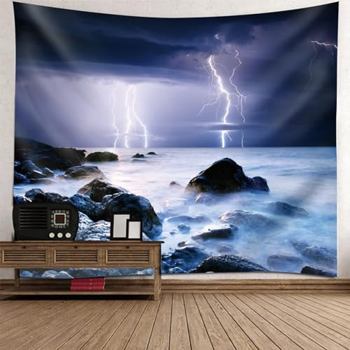 Epinki Tapisserie Wandbehang Schwarz Lila Weiß, Natur Landschaft Wandteppich Blitzschlag Ozean Wandtuch aus Polyester, Wandtücher für Schlafzimmer, 350x256cm von Epinki