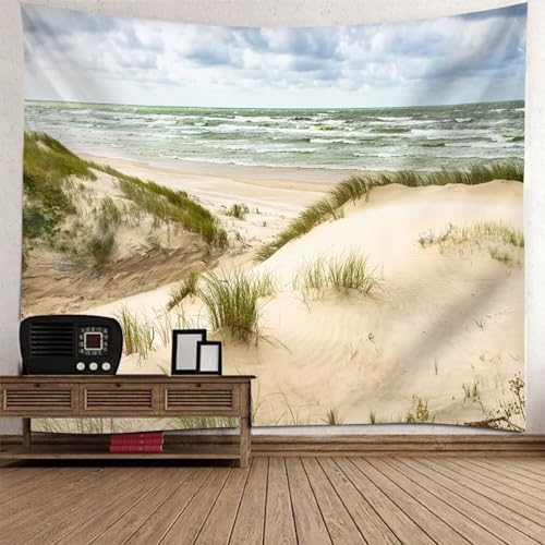 Epinki Tapisserie Wandbehang Strand Meer, Landschaft Natur Wandteppich Wandtuch Beige Grün aus Polyester, Tapestry für die Wand in Wohnzimmerdekoration, 300x256cm von Epinki