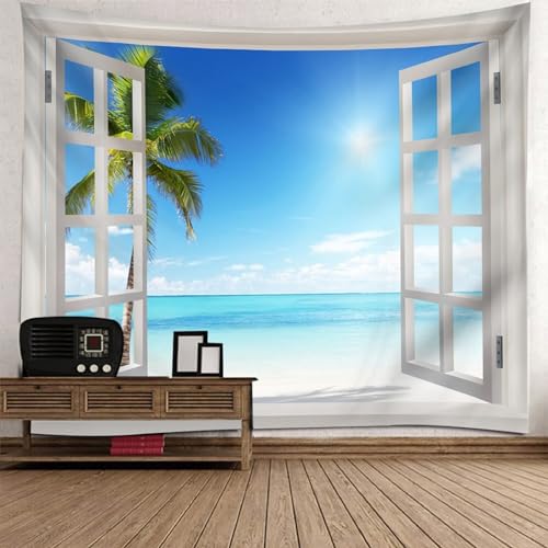 Epinki Tapisserie Weiß Blau Grün, Landschaft Natur Wandteppich Fenster Strand Baum Wandtuch aus Polyester, Wandtücher für Wohnzimmer Dekor, 350x256cm von Epinki