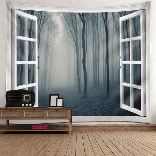 Epinki Tapisserie Weiß Grau, Landschaft Natur Wandteppich Fenster Baum Wandbehang aus Polyester, Hausdekor für Tischdecke Wohnzimmer Schlafzimmer Decor, 240x220cm von Epinki