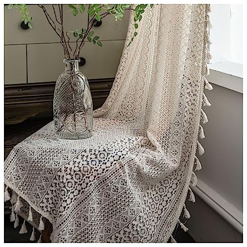 Epinki Voile Vorhänge Häkchen 150x180cm(BxH), Boho-Stil Quaste Gehäkelte Münze Muster Beige Halbtransparent Vorhang Voile aus Baumwolle, Wohnzimmer Dekoschal für Schlafzimmer von Epinki