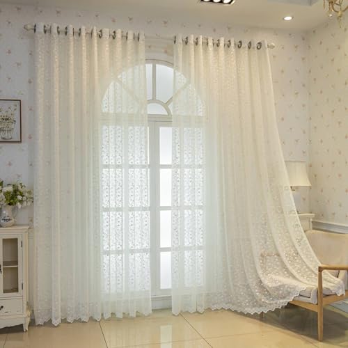 Epinki Vorhänge Gardinen Wohnzimmer mit Ösen 2er Set, Halbtransparent Voile Vorhang Spitze Blatt Zweigstelle Muster Milchig Weiß Voile Vorhangschals Polyester H274 x B137 cm von Epinki
