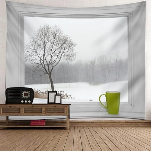 Epinki Wandbehang 260x240cm, Natur Landschaft Wandteppich Fenster Schnee Berg Baum Wandteppiche Weiß aus Polyester, Tuch für Wohnzimmer, Wohndekor von Epinki