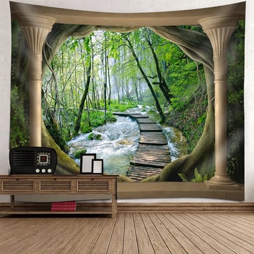 Epinki Wandbehang Baum Stream Brücken, Natur Landschaft Wandteppich Wandtuch Braun Grün aus Polyester, Hausdekor mit Art Nature Home Dekorationen, 300x256cm von Epinki