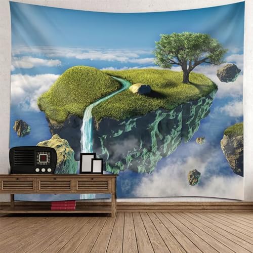 Epinki Wandbehang Blau Grün, Landschaft Natur Wandteppich Insel im Himmel Wasserfall Tapisserie Wandbehang aus Polyester, Wandbehänge für Tischdecke Wohnzimmer Schlafzimmer Decor, 150x150cm von Epinki