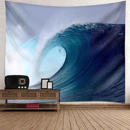 Epinki Wandbehang Blau Weiß, Landschaft Natur Wandteppich Ozean Meereswelle Tapisserie aus Polyester, Wanddekoration für Schlafzimmer, 240x220cm von Epinki