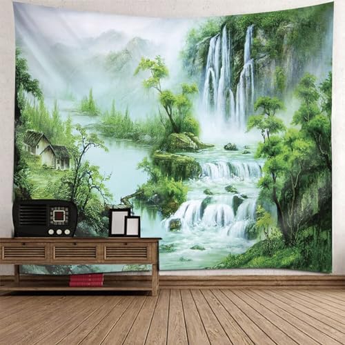 Epinki Wandbehang Grün Weiß, Natur Landschaft Wandteppich Berg Wasserfall Tapisserie aus Polyester, Tuch Geeignet für Wanddekorationskunst, 350x256cm von Epinki