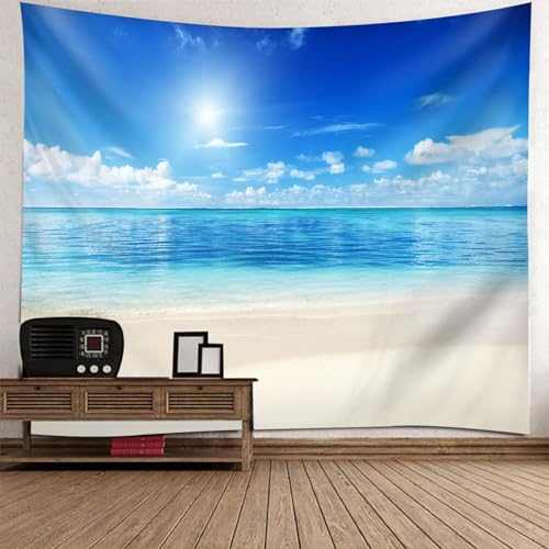 Epinki Wandbehang Sonnenschein Meer Strand, Natur Landschaft Wandteppich Wandteppiche Blau Beige aus Polyester, Tuch für Tischdecke Wohnzimmer Schlafzimmer Decor, 300x256cm von Epinki