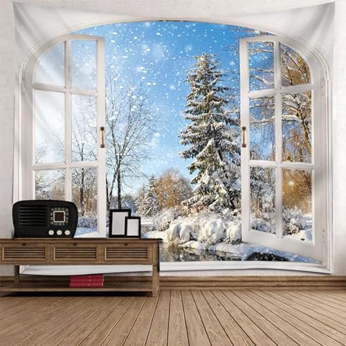 Epinki Wandbehang Weiß Blau, Natur Landschaft Wandteppich Fenster Schnee Schneelandschaft Wandtuch aus Polyester, Hausdekor für Schlafzimmer Wohnzimmer Kinderzimmer, 350x256cm von Epinki