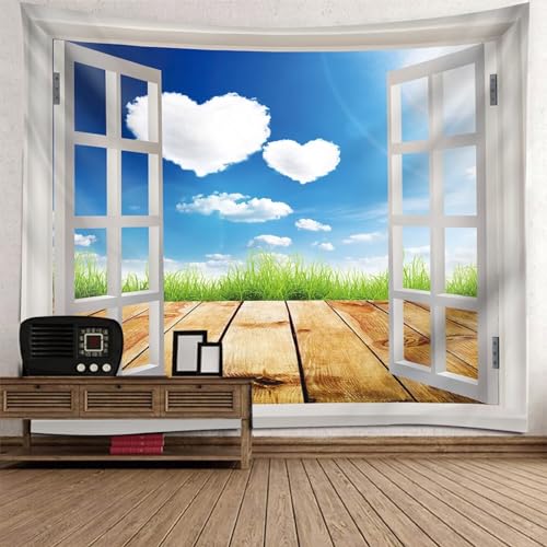 Epinki Wandbehang Weiß Blau Braun, Landschaft Natur Wandteppich Fenster Himmel Liebeswolke Wandtuch aus Polyester, Heimdekorationen mit Art Nature Home Dekorationen, 240x220cm von Epinki