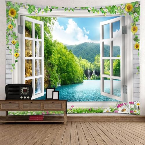 Epinki Wandteppiche 210x140cm, Landschaft Natur Wandteppich Fenster See Baum Wandtuch Weiß Blau Grün aus Polyester, Tuch für Tischdecke Wohnzimmer Schlafzimmer Decor von Epinki