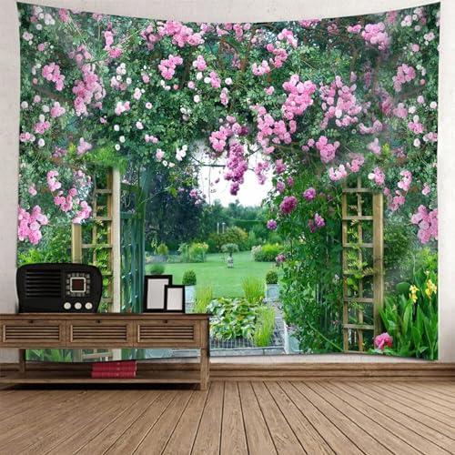 Epinki Wandteppiche 260x240cm, Natur Landschaft Wandteppich Garten Wandtuch Grün Rose aus Polyester, Wandbehänge für Schlafzimmer von Epinki