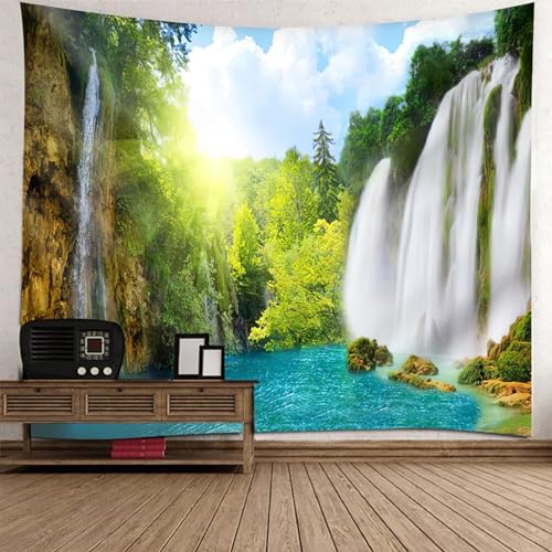 Epinki Wandteppiche Baum Wasserfall, Natur Landschaft Wandteppich Wandtuch Grün Blau Weiß aus Polyester, Accessoires für Wohnzimmer, Wohndekor, 300x256cm von Epinki