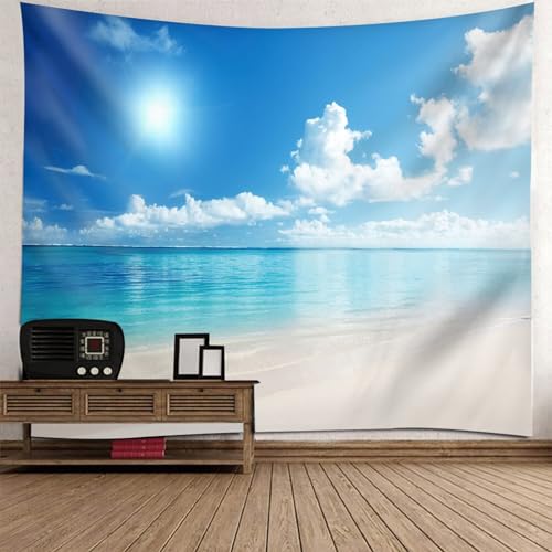 Epinki Wandteppiche Blau Weiß Beige, Natur Landschaft Wandteppich Strand Meer Himmel Tapisserie aus Polyester, Tapestry für Wohnzimmer, Wohndekor, 240x220cm von Epinki