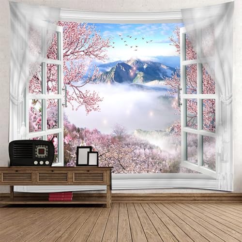 Epinki Wandteppiche Fenster Berg Pflaumenblüte, Landschaft Natur Wandteppich Tapisserie Wandbehang Weiß Rose aus Polyester, Accessoires für Schlafzimmer, 200x200cm von Epinki