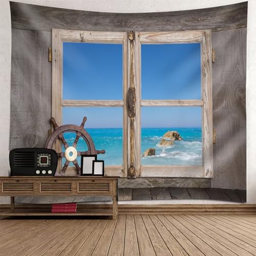 Epinki Wandteppiche Fenster Meer, Natur Landschaft Wandteppich Wandtuch Grau Blau aus Polyester, Hausdekor mit Art Nature Home Dekorationen, 200x200cm von Epinki