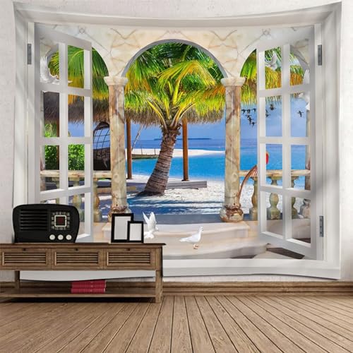 Epinki Wandteppiche Fenster Strand Meer, Natur Landschaft Wandteppich Wandtuch Weiß Blau Grün aus Polyester, Tapestry für Tischdecke Wohnzimmer Decor, 300x256cm von Epinki