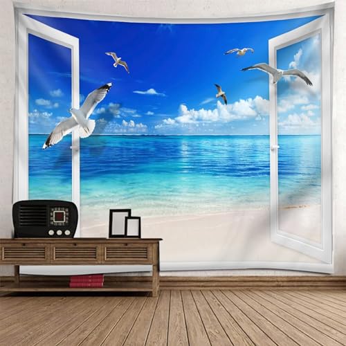 Epinki Wandteppiche Fenster Strand Meer Möwe, Landschaft Natur Wandteppich Wandtuch Weiß Blau aus Polyester, Accessoires für Wohnzimmer Dekor, Schlafzimmer, 300x256cm von Epinki