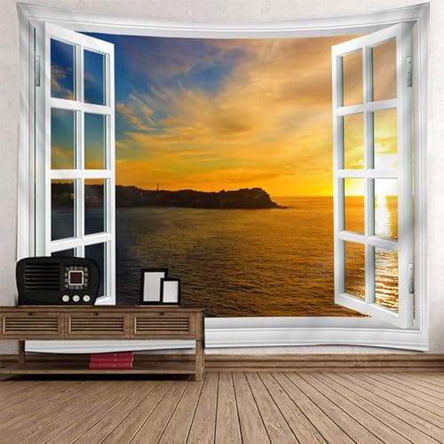 Epinki Wandteppiche Fenster Strand Sonnenuntergang, Landschaft Natur Wandteppich Tapisserie Weiß Orange aus Polyester, Wandbehänge für Tischdecke Wohnzimmer Schlafzimmer Decor, 300x256cm von Epinki