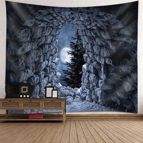 Epinki Wandteppiche Grau, Natur Landschaft Wandteppich Höhle Mond Baum Wandtuch aus Polyester, Tapestry für Tischdecke Wohnzimmer Decor, 240x220cm von Epinki