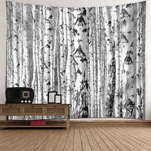 Epinki Wandteppiche Grau Weiß, Natur Landschaft Wandteppich Weißpappel Baum Dschungel Wandbehang aus Polyester, Tapestry für Schlafzimmer, 350x256cm von Epinki