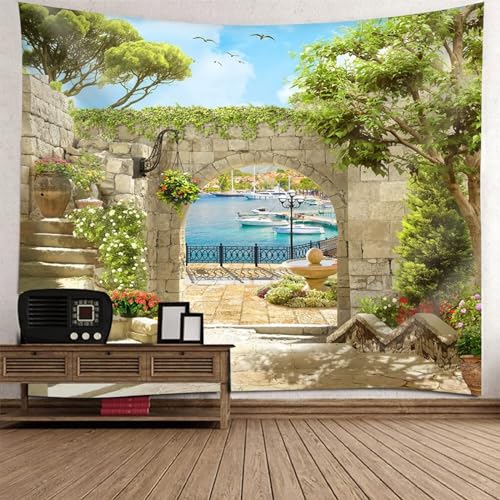 Epinki Wandteppiche Grün Beige, Landschaft Natur Wandteppich Europäisch Bogen Wandtuch aus Polyester, Wandbehänge für die Wand in Wohnzimmerdekoration, 240x220cm von Epinki
