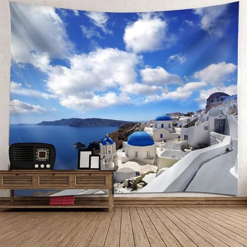Epinki Wandteppiche Küstenstadt, Landschaft Natur Wandteppich Wandtuch Blau Grau aus Polyester, Tuch für Tischdecke Wohnzimmer Schlafzimmer Decor, 200x200cm von Epinki