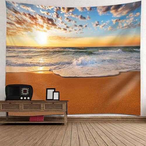 Epinki Wandteppiche Orange Blau, Natur Landschaft Wandteppich Meeresufer Sonnenuntergang Strand Wandbehang aus Polyester, Hausdekor für Tischdecke Wohnzimmer Schlafzimmer Decor, 350x256cm von Epinki