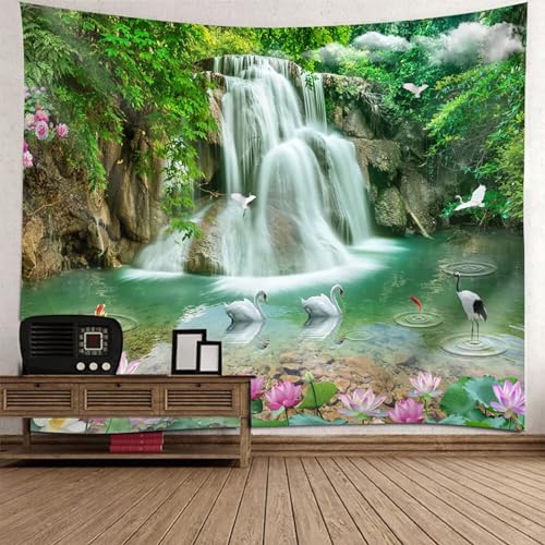Epinki Wandteppiche Wasserfall Blumen, Natur Landschaft Wandteppich Tapisserie Grün Weiß Braun aus Polyester, Wandbehänge für Schlafzimmer, 200x200cm von Epinki