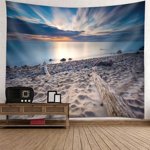 Epinki Wandtuch 210x140cm, Landschaft Natur Wandteppich Strand Meer Himmel Wandteppiche Blau Weiß Beige aus Polyester, Tuch für Schlafzimmer Wohnzimmer von Epinki