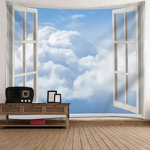 Epinki Wandtuch 260x240cm, Landschaft Natur Wandteppich Fenster Himmel Wolke Tapisserie Wandbehang Weiß Blau aus Polyester, Wandtücher für Tischdecke Wohnzimmer Schlafzimmer Decor von Epinki