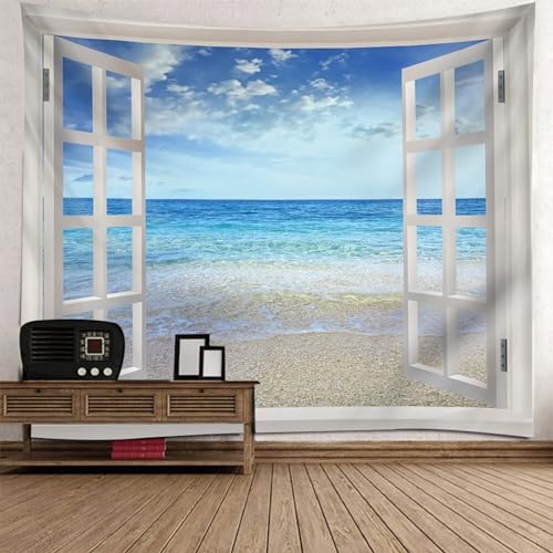 Epinki Wandtuch 260x240cm, Landschaft Natur Wandteppich Fenster Meeresufer Wandteppiche Blau Weiß aus Polyester, Tapestry für Tischdecke Wohnzimmer Schlafzimmer Decor von Epinki