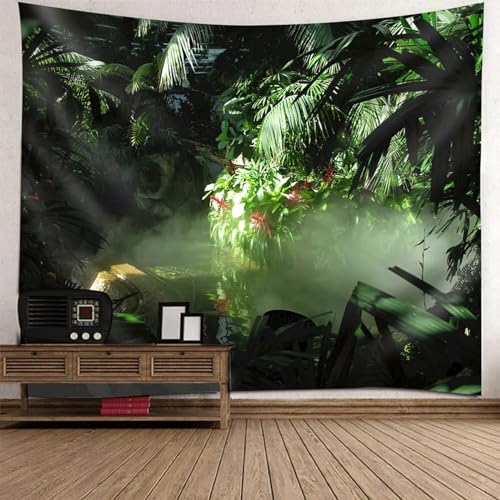 Epinki Wandtuch 260x240cm, Landschaft Natur Wandteppich Pflanze Blumen Dschungel Tapisserie Wandbehang Grün Schwarz aus Polyester, Wandtücher für Schlafzimmer von Epinki