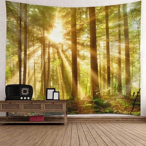 Epinki Wandtuch Baum Sonnenlicht Dschungel, Natur Landschaft Wandteppich Wandteppiche Braun Grün aus Polyester, Wanddekoration für Schlafzimmer, 200x200cm von Epinki