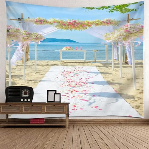 Epinki Wandtuch Blau Beige Rose, Landschaft Natur Wandteppich Meer Strand Hochzeitsort Wandbehang aus Polyester, Wandtücher für Wohnzimmer, Wohndekor, 240x220cm von Epinki