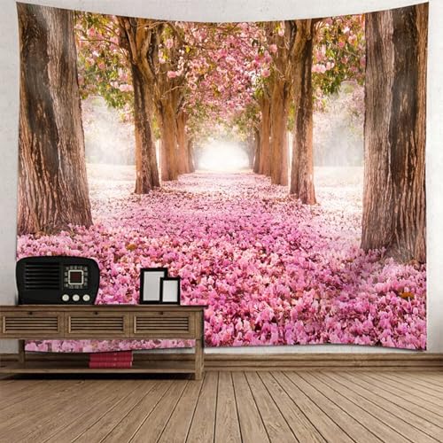 Epinki Wandtuch Kirschblüte Baum, Landschaft Natur Wandteppich Wandbehang Rose Braun aus Polyester, Wanddekoration für Wohnzimmer Dekor, Schlafzimmer, 300x256cm von Epinki