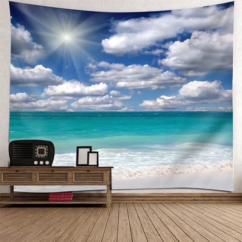 Epinki Wandtuch Sonne Wolke Meer Strand, Natur Landschaft Wandteppich Wandbehang Weiß Blau Grün aus Polyester, Accessoires für Tischdecke Wohnzimmer Decor, 150x130cm von Epinki