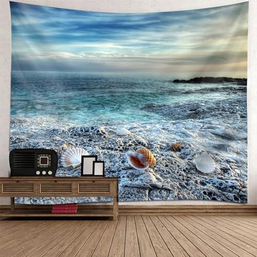 Epinki Wandtuch Strand Muschel, Natur Landschaft Wandteppich Wandbehang Grau Blau aus Polyester, Tapestry für Schlafzimmer, 200x200cm von Epinki