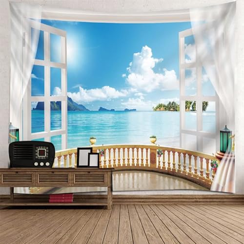 Epinki Wandtuch Weiß Blau, Natur Landschaft Wandteppich Fenster Balkon Meer Wandbehang aus Polyester, Tuch für Wohnzimmer Wohnheim Wanddeko, 350x256cm von Epinki